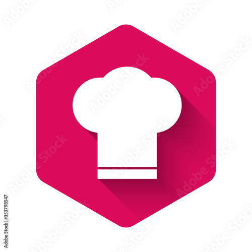 White Chef hat icon isolated with long shadow. Cooking symbol. Cooks hat. Pink hexagon button. Vector Illustration.