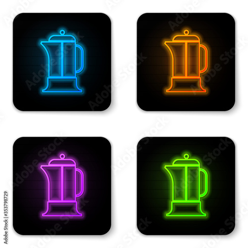 Glowing neon French press icon isolated on white background. Black square button. Vector Illustration.
