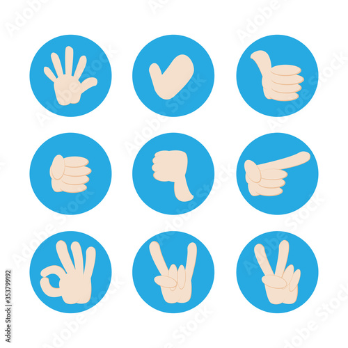 Hand and finger gesture vector set. Flat Cartoon illustration isolated on white background