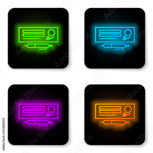 Glowing neon line Blank template of the bank check and pen icon isolated on white background. Checkbook cheque page with empty fields to fill. Black square button. Vector Illustration.