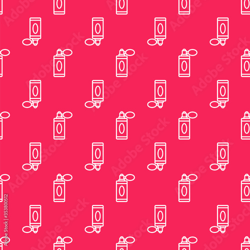 White line Aftershave bottle with atomizer icon isolated seamless pattern on red background. Cologne spray icon. Male perfume bottle. Vector Illustration.