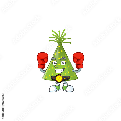 Caricature picture of green party hat boxing athlete on the arena