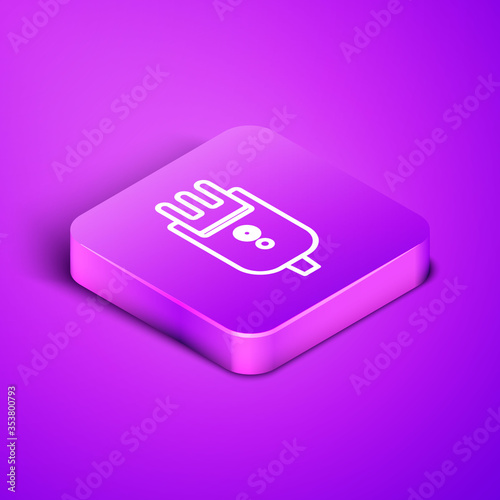Isometric line Electrical hair clipper or shaver icon isolated on purple background. Barbershop symbol. Purple square button. Vector Illustration.