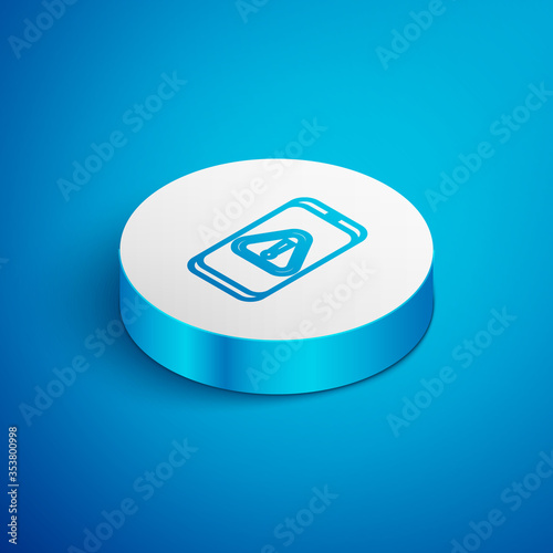 Isometric line Mobile phone with exclamation mark icon isolated on blue background. Alert message smartphone notification. White circle button. Vector Illustration.