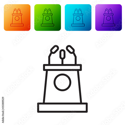 Black line Stage stand or debate podium rostrum icon isolated on white background. Conference speech tribune. Set icons in color square buttons. Vector Illustration.