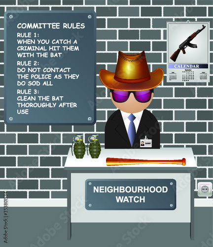 Comical neighborhood watch committee with forceful ways of policing the streets with UK spelling