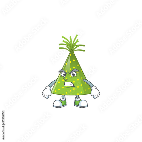 cartoon drawing of green party hat showing angry face