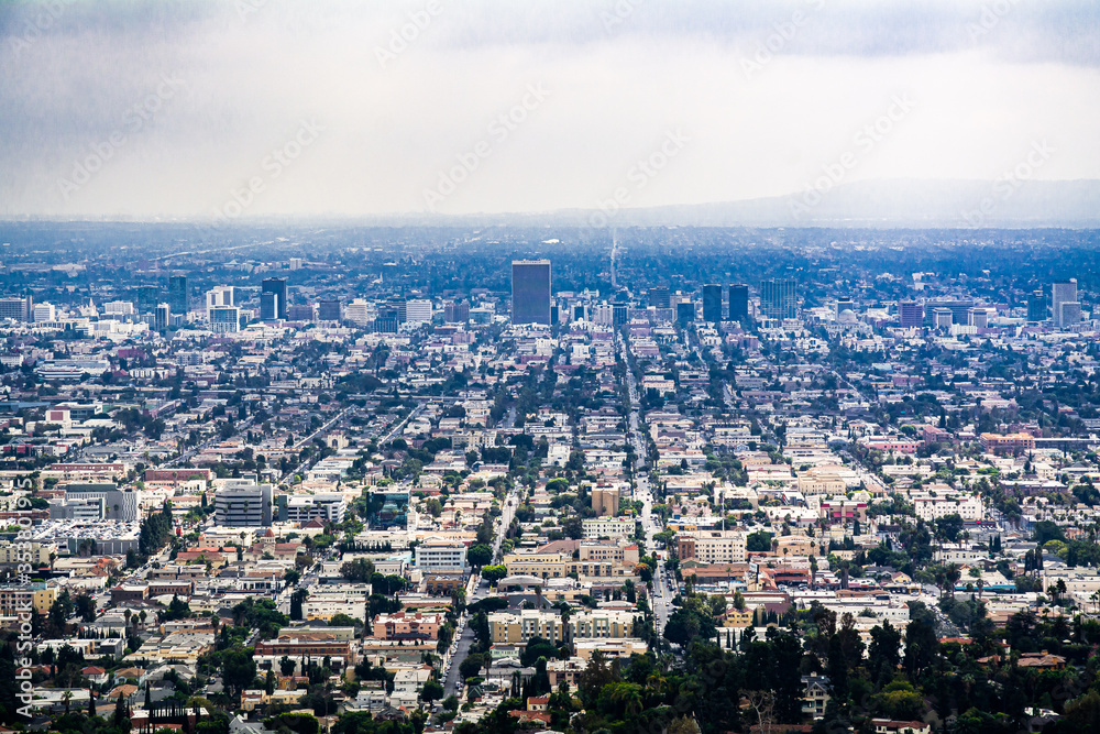 Aerial view of streets of Los Angeles, CA, USA in a hazy day 