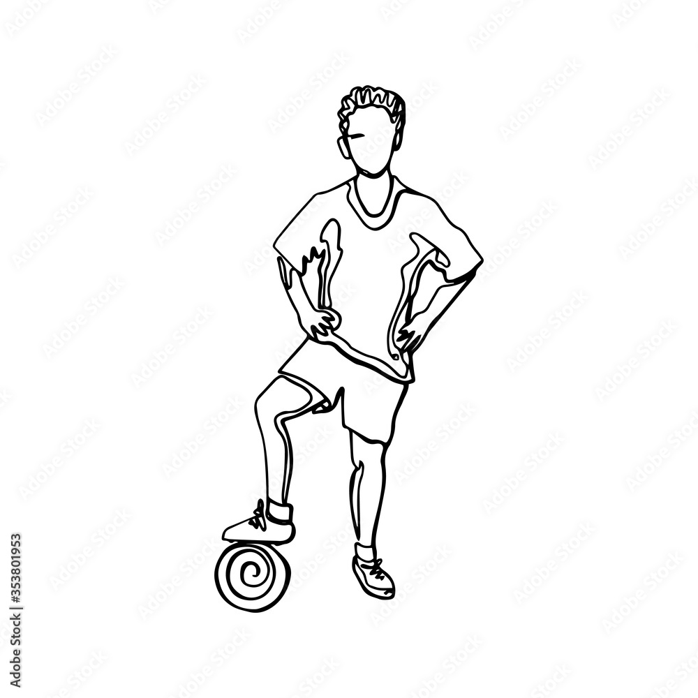 Fototapeta premium Young soccer player with a ball one continuous line drawing vector illustration isolated on white background. Minimalist design concept.