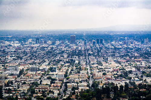 Aerial view of streets of Los Angeles, CA, USA in a hazy day 