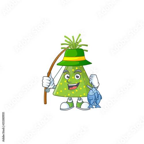 A Caricature picture of green party hat fisher succeed catch a fish