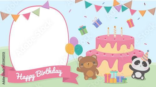 The brown bear and the panda stand with the pink cake to prepare to celebrate the birthday party. There are balloons, gift boxes decorated.  invitation Cake birthday .vector illustrator