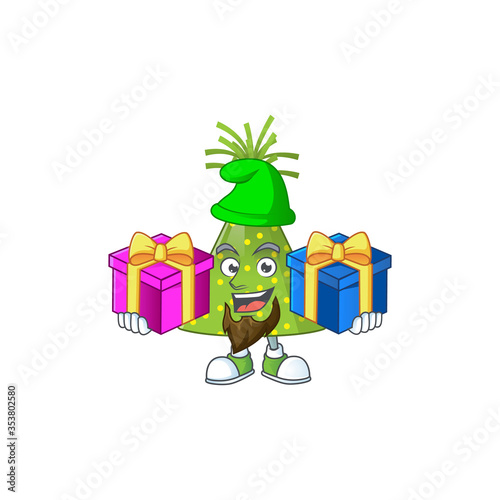 A joyful green party hat mascot design style with Christmas gifts