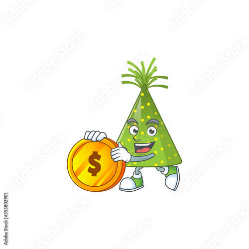 cartoon picture of green party hat rich character with a big gold coin