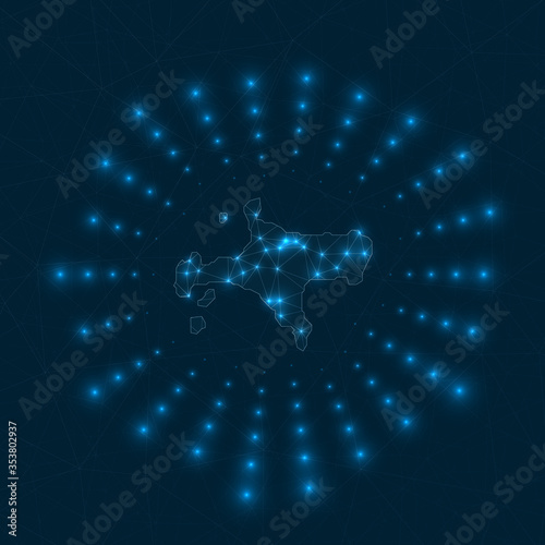 Ko Mak digital map. Glowing rays radiating from the island. Network connections and telecommunication design. Vector illustration.