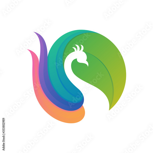 peacock with leaf shape logo vector template