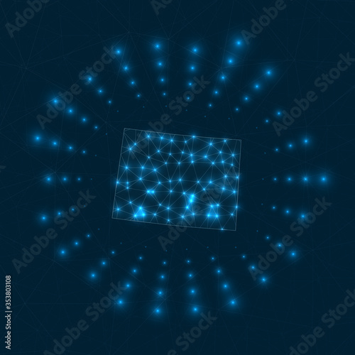 Colorado digital map. Glowing rays radiating from the US state. Network connections and telecommunication design. Vector illustration.