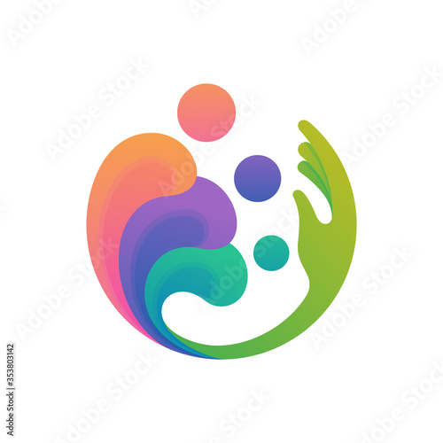 family/human care logo vector template, people group with hand shape logo design