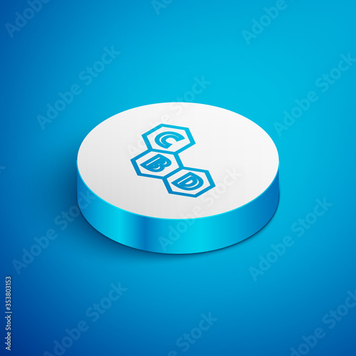 Isometric line Cannabis molecule icon isolated on blue background. Cannabidiol molecular structures, THC and CBD formula. Marijuana sign. White circle button. Vector Illustration.