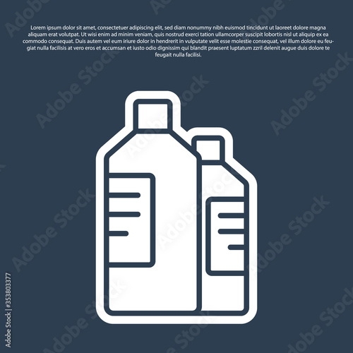 Blue line Plastic bottles for laundry detergent, bleach, dishwashing liquid or another cleaning agent icon isolated on blue background. Vector Illustration.