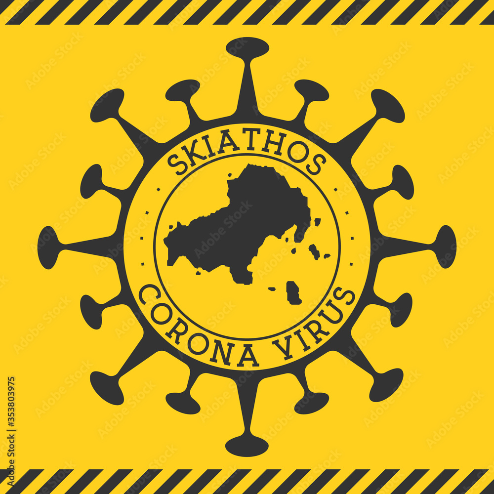 Corona virus in Skiathos sign. Round badge with shape of virus and Skiathos map. Yellow island epidemy lock down stamp. Vector illustration.