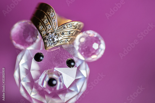 Gold Wedding Ring with Diamonds with Crystal Bear Figurine Jewelry Macro Closeup