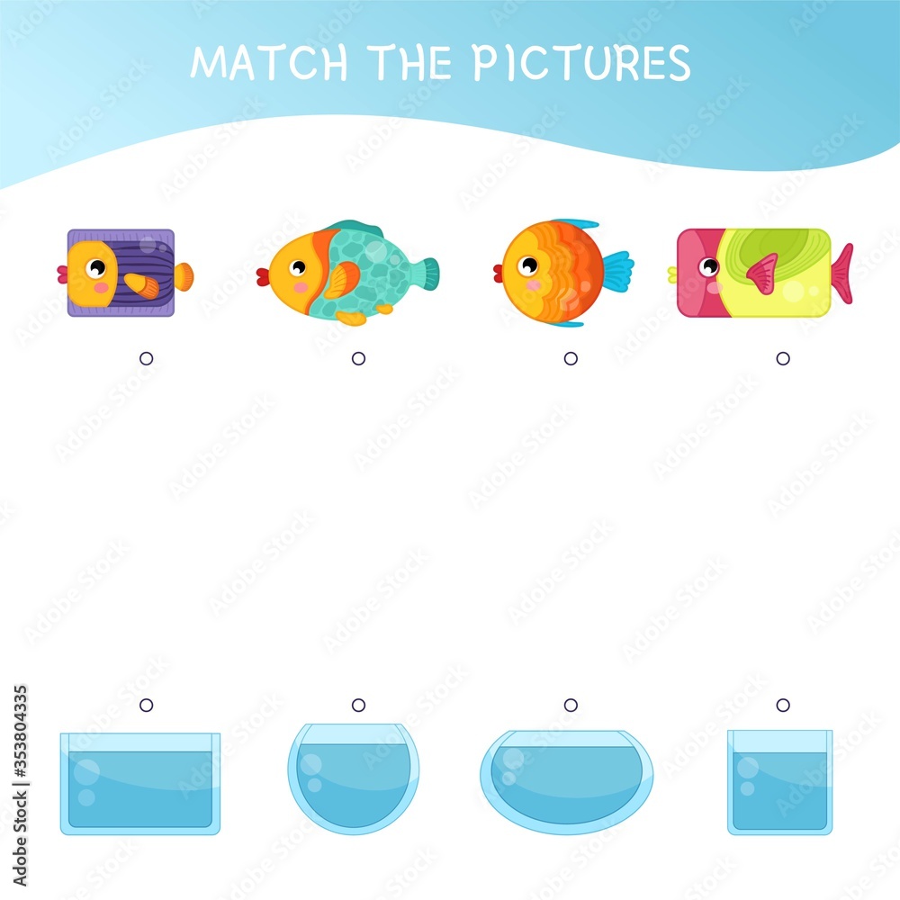 Matching children educational game. Match of  fish and aquariums by forms. Activity for pre sсhool years kids and toddlers.