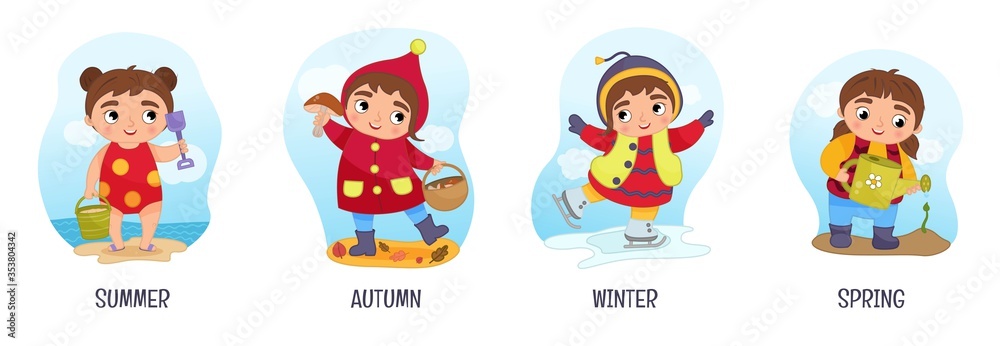 Vector illustration of seasons. Cartoon cute girls.
