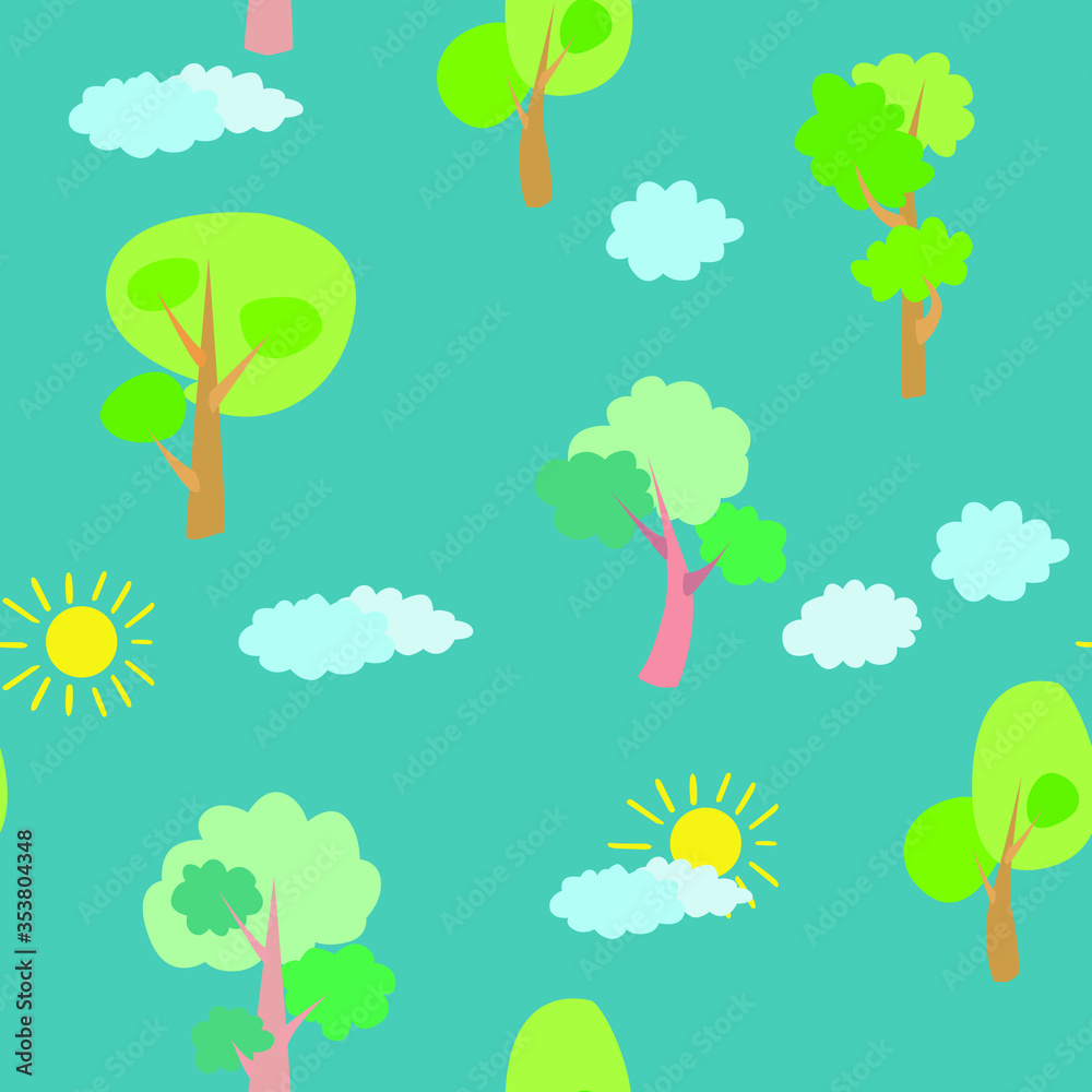 Seamless vector pattern of children's drawing. House, clouds, trees. Line vector drawing. Drawn by a child. Suitable for children's room decoration, fabric, decor. Doodle style.