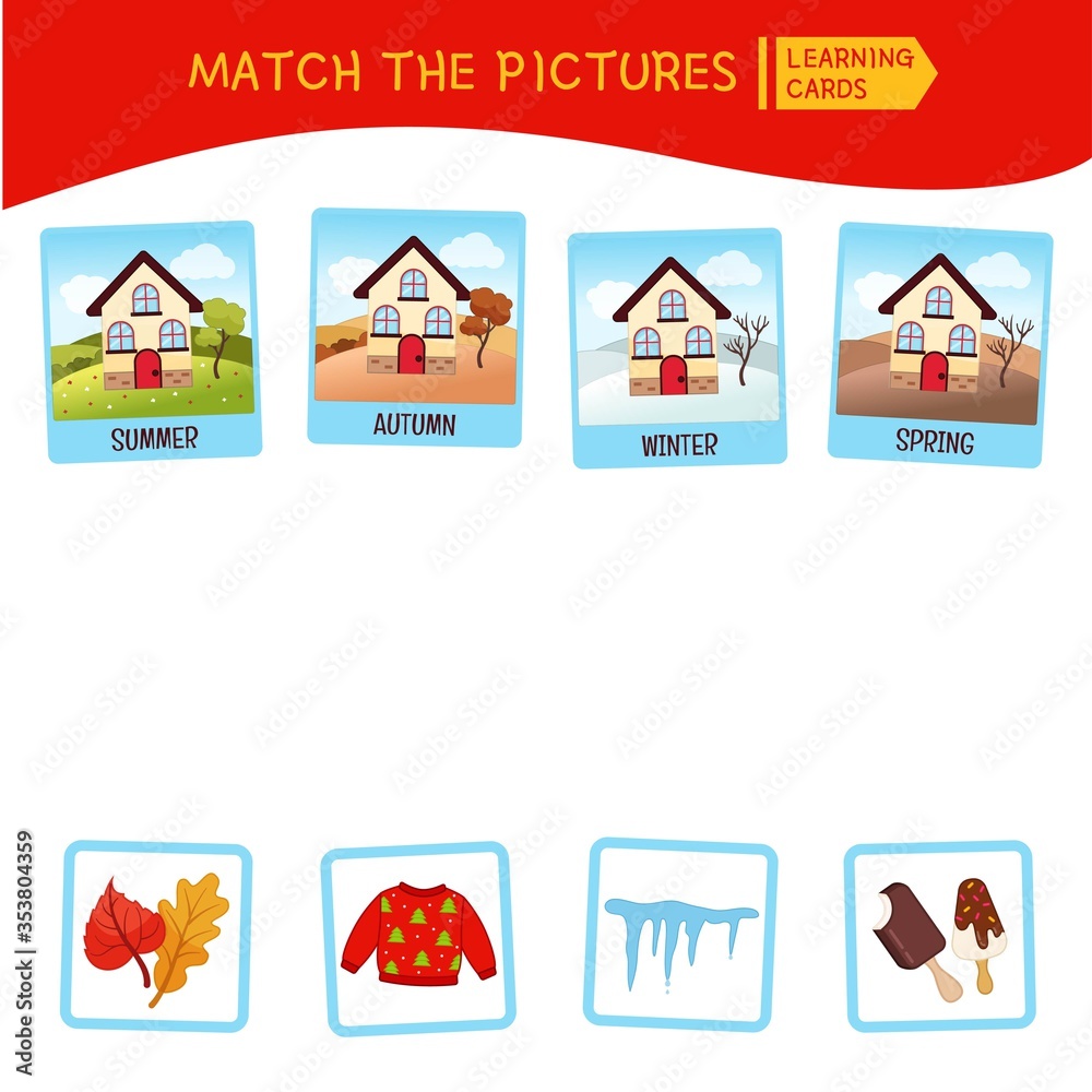 Matching children educational game. Match seasons and objects. Activity for pre sсhool years kids and toddlers.