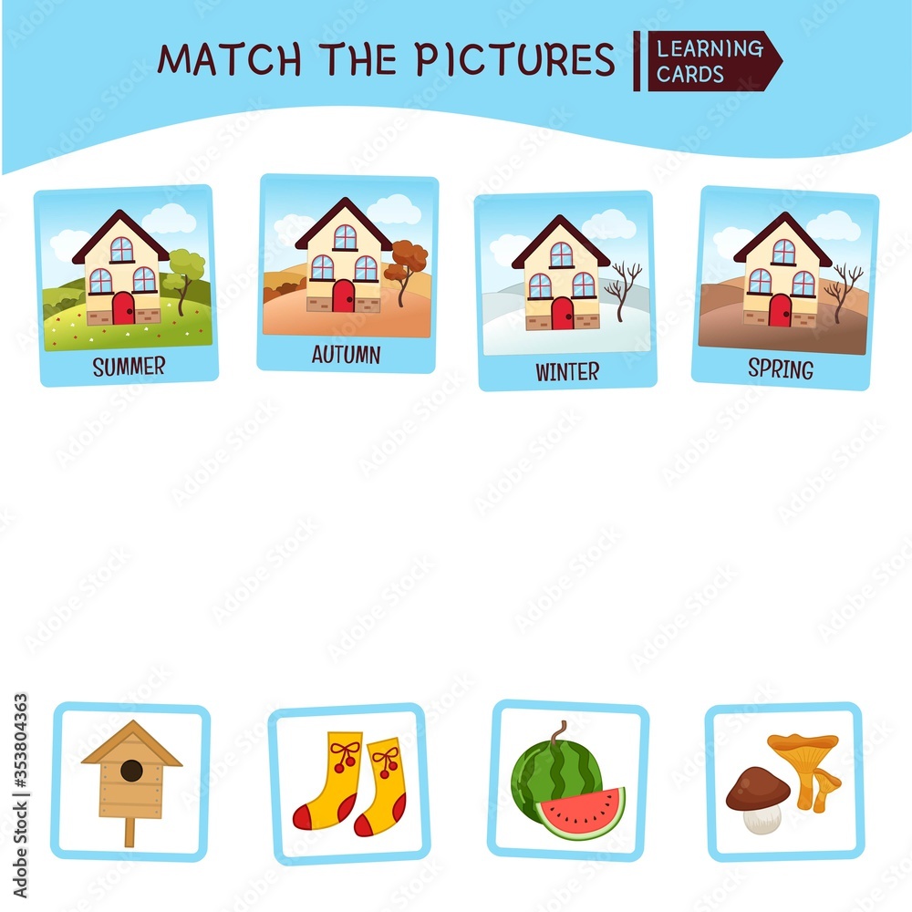 Matching children educational game. Match seasons and objects. Activity for pre sсhool years kids and toddlers.