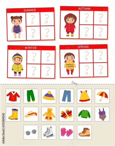 Matching children educational game. Match of  cards by seasons. Activity for pre sсhool years kids and toddlers.