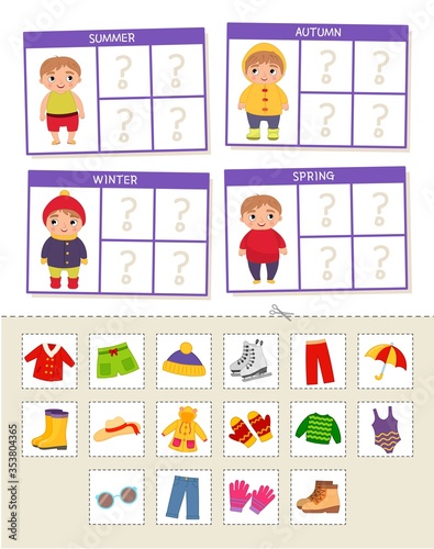 Matching children educational game. Match of  cards by seasons. Activity for pre sсhool years kids and toddlers.