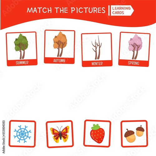 Matching children educational game. Match seasons and objects. Activity for pre sсhool years kids and toddlers.