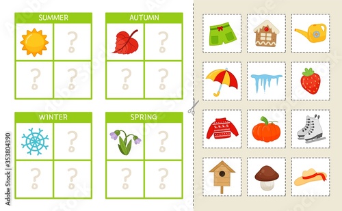 Matching children educational game. Match seasons and objects. Activity for pre sсhool years kids and toddlers.