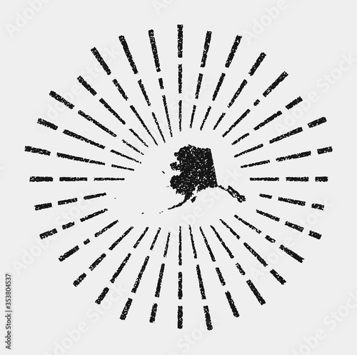 Vintage map of Alaska. Grunge sunburst around the US state. Black Alaska shape with sun rays on white background. Vector illustration.