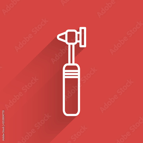 White line Medical otoscope tool icon isolated with long shadow. Medical instrument. Vector Illustration