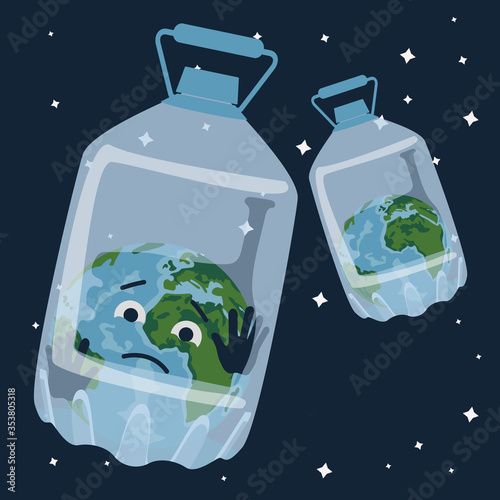 Planet Earth in a plastic bottle in outer space. Cartoon vector illustration on the subject of ecology. The planet is dying in plastic trash. An ecological disaster on Earth.
