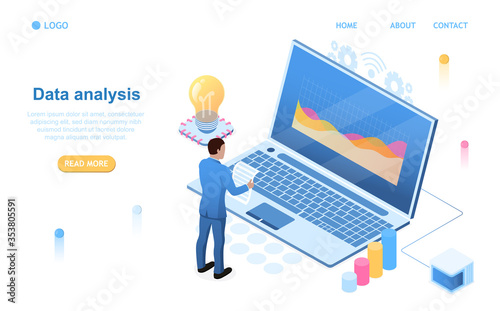 Date Analysis Concept. A man stands in a data center and reads a report. Tracking indicators on laptop screen Computer storage Database. Perfect for landing, web, banner. Isometric Vector Illustration