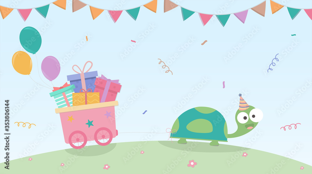 The turtle is going to send gifts with a smile at the birthday party. Happy Birthday greeting card,Funny vector illustrator