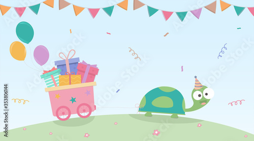 Fototapeta Naklejka Na Ścianę i Meble -  The turtle is going to send gifts with a smile at the birthday party. Happy Birthday greeting card,Funny vector illustrator