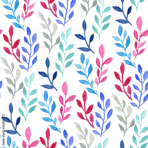 Watercolor seamless floral pattern with colorful leaves. Simple hand painting illustration for wrapping paper, wallpaper and surface textures
