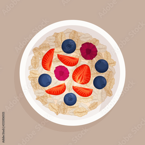 Oatmeal in a bowl top view. Traditional porridge for breakfast isolated on a dark background. Cooked oat meal with berries. Vector illustration in cartoon style.