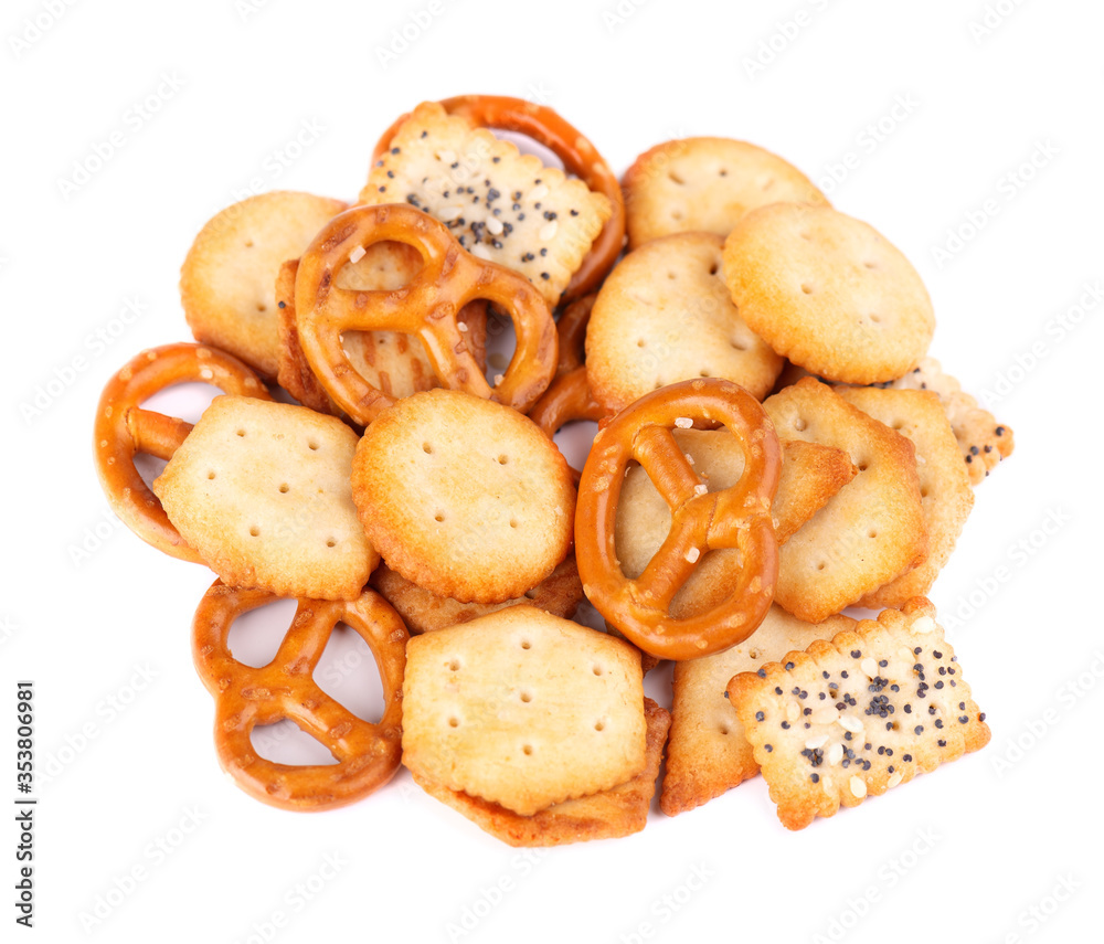 Mix crackers isolated on white background. Dry cracker cookies isolated. Salty snacks isolated. Top view.