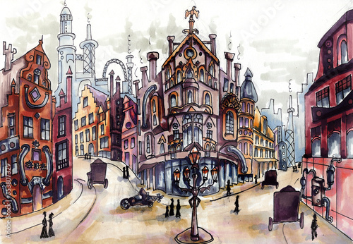 Steampunk architecture. The fantastic city of reality Steampunk. Concept. Hand-drawn watercolor sketch.