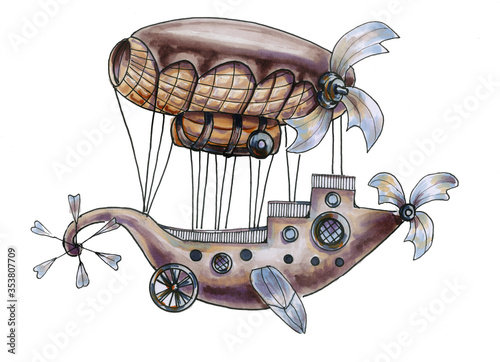 Watercolor drawing of a fantastic airship. Illustration of A flying machine in the steampunk style. Hand-drawn. Isolated on a white background. Air transport of the 19th century
