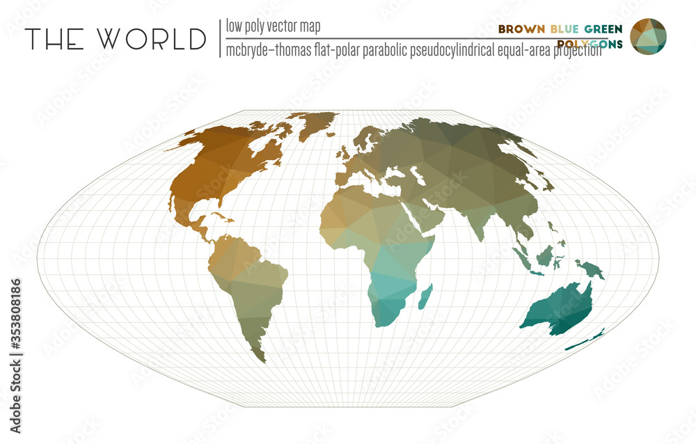Polygonal map of the world. McBryde-Thomas flat-polar parabolic pseudocylindrical equal-area projection of the world. Brown, Blue, Green colored polygons. Contemporary vector illustration. Polygonal map of the world. McBryde-Thomas flat-polar parabolic pseudocylindrical equal-area projection of the world. Brown, Blue, Green colored polygons. Contemporary vector illustration.