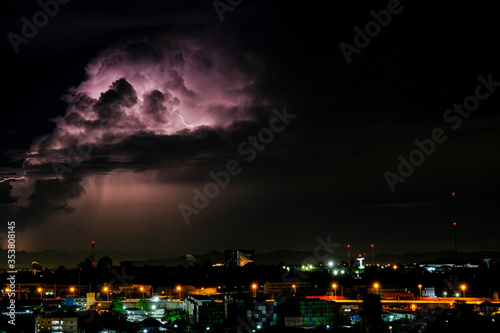 Wallpaper Mural Cloudy with Bright lightning bolt strikes in the rural landscape of small city and satellite station Torontodigital.ca