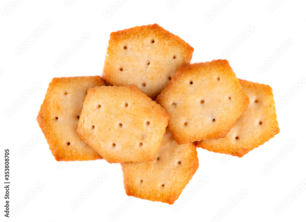 Cracker isolated on white background. Dry cracker cookies isolated. Salty snacks isolated. Top view. Cracker isolated on white background. Dry cracker cookies isolated. Salty snacks isolated. Top view.