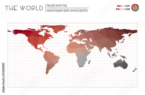 Low poly world map. Equirectangular (plate carree) projection of the world. Red Grey colored polygons. Modern vector illustration.